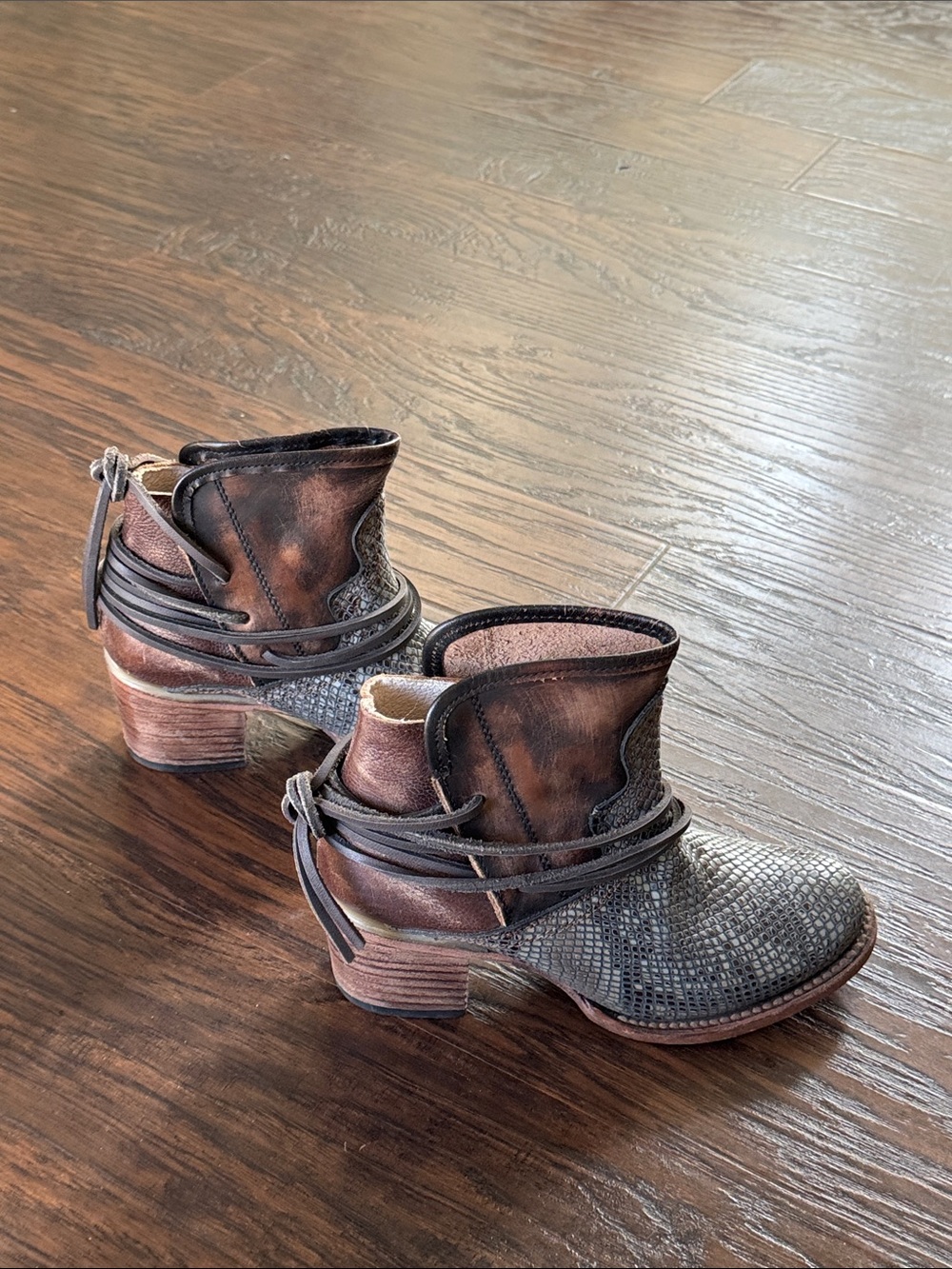 Freebird by Steven Metallic Gray and Distressed Brown Snake-Texture Ankle Boots - Picture 6 of 15